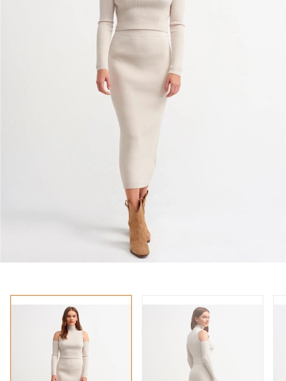 Knit Dress in Beige Cold-Shoulder Ribbed - Picture 3 of 6
